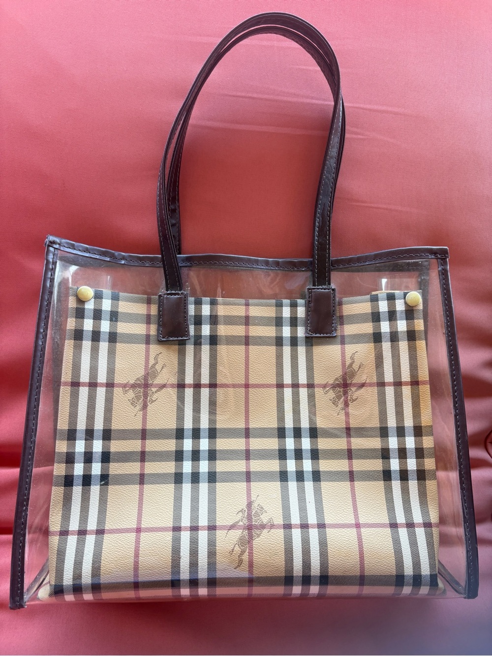 Clear Tote with Beige Plaid Insert and Dark Brown Trim